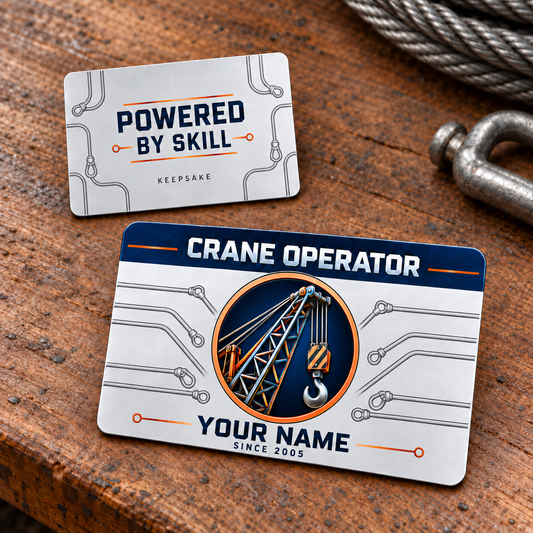 Front and reverse of the Crane Operator Everyday Dedication aluminum wallet card on a wooden workbench, with a lattice crane boom and hanging hook, silver and navy artwork, copper accents, YOUR NAME sample text and Powered by Skill reverse.