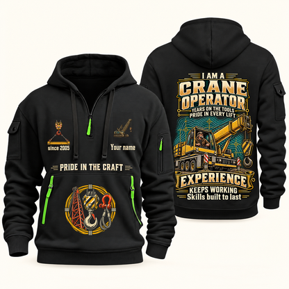 Crane Operator Experience Keeps Working Quarter-Zip Hoodie in Black, authentic overlapping front and back views with crane operator artwork and source sample name/year lettering.