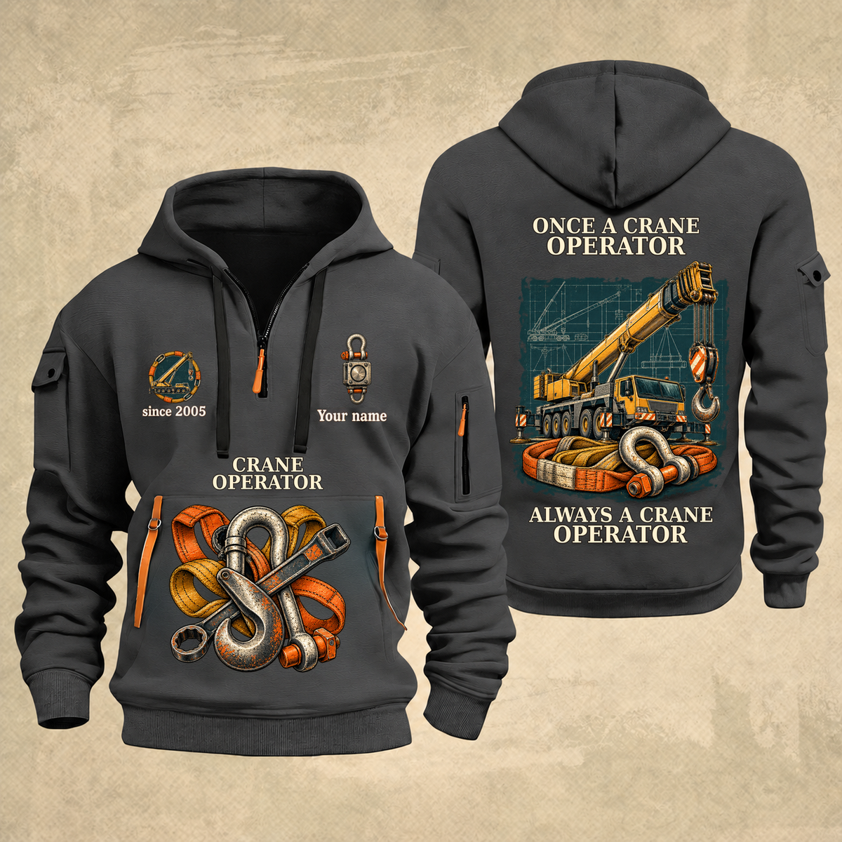 Crane Operator Proud of the Trade Quarter-Zip Hoodie in Gray, full authentic front and back views with matching crane operator tools and equipment artwork, original sample name/year and once-and-always trade motto.