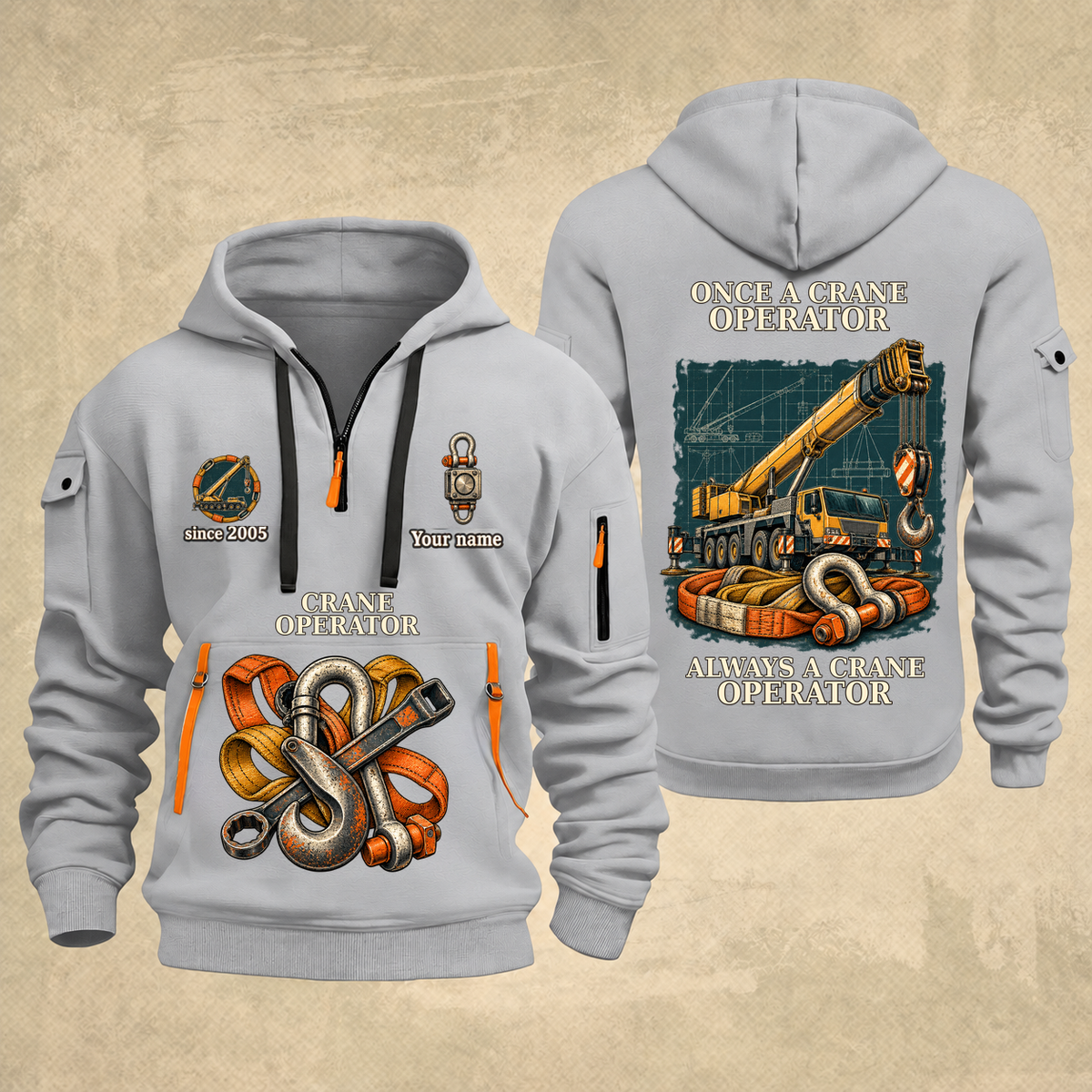 Crane Operator Proud of the Trade Quarter-Zip Hoodie in Light Grey, full authentic front and back views with matching crane operator tools and equipment artwork, original sample name/year and once-and-always trade motto.