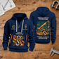 Crane Operator Proud of the Trade Quarter-Zip Hoodie in Navy, full authentic front and back views with matching crane operator tools and equipment artwork, original sample name/year and once-and-always trade motto. On a crane operator workbench.