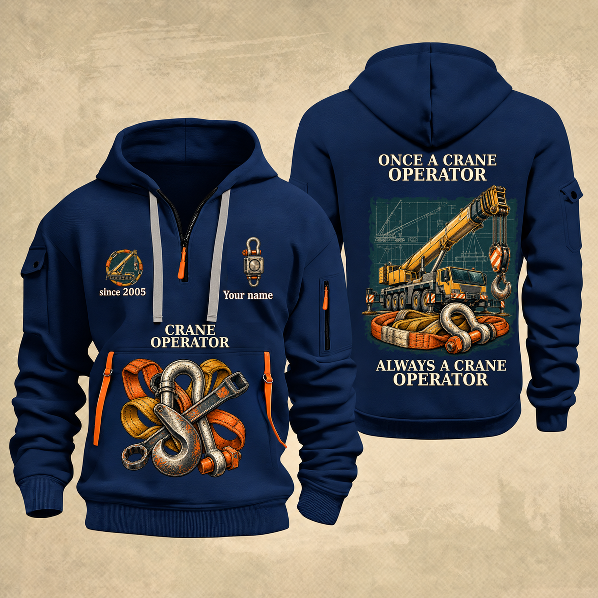 Crane Operator Proud of the Trade Quarter-Zip Hoodie in Navy, full authentic front and back views with matching crane operator tools and equipment artwork, original sample name/year and once-and-always trade motto.