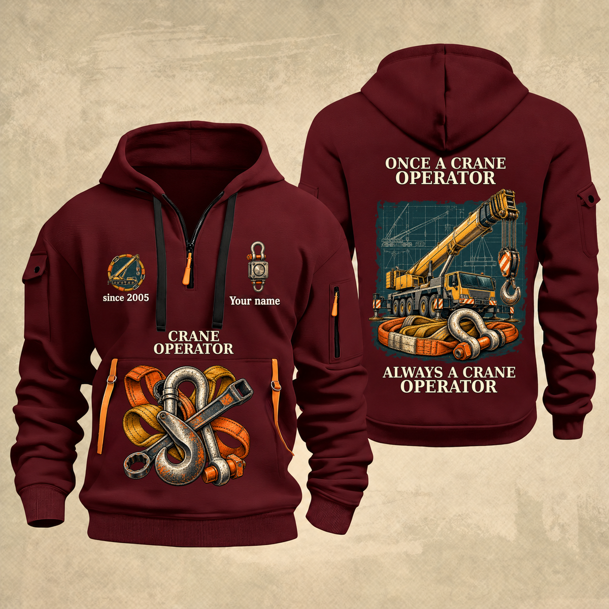 Crane Operator Proud of the Trade Quarter-Zip Hoodie in Wine Red, full authentic front and back views with matching crane operator tools and equipment artwork, original sample name/year and once-and-always trade motto.