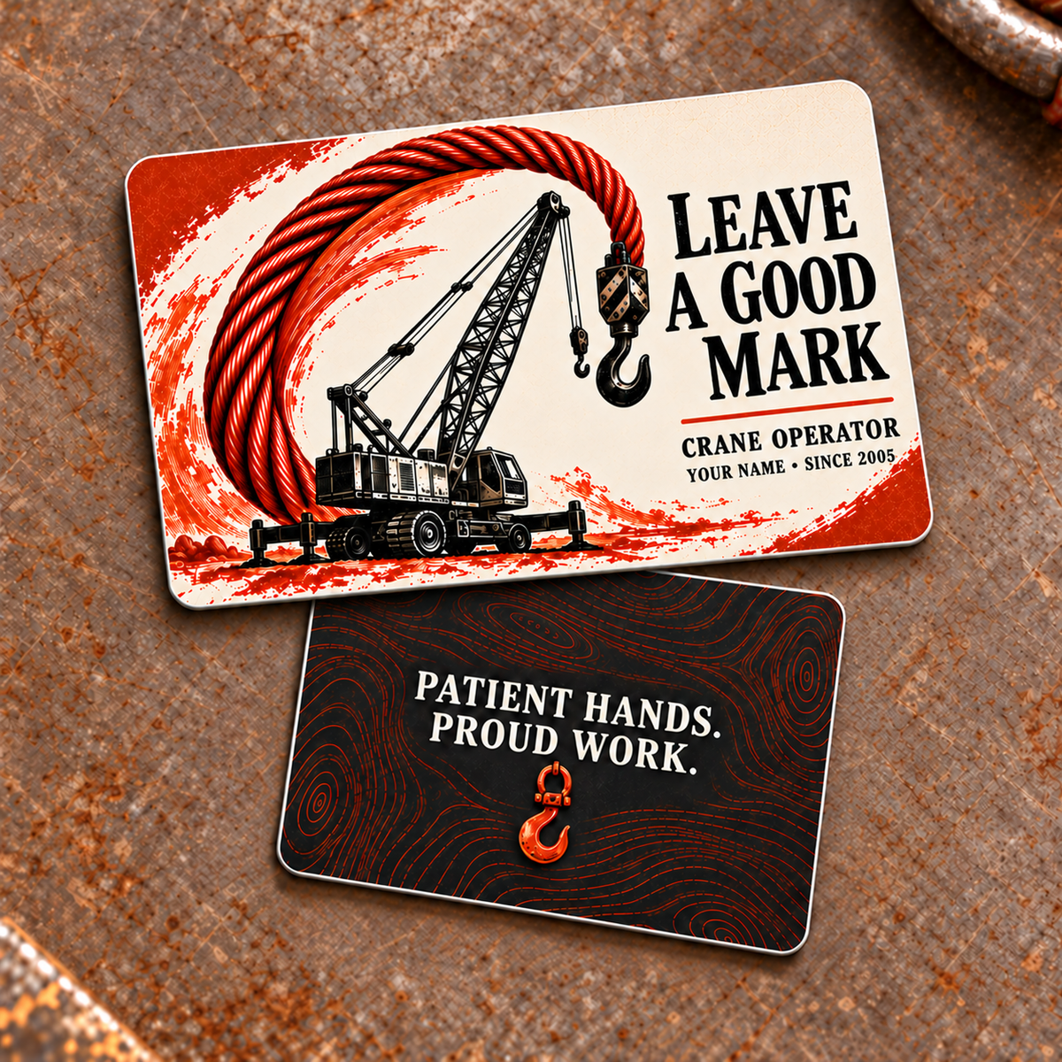 Front and reverse of the Crane Operator Leave a Good Mark aluminum wallet card on a stationary workbench: cream and rust sweeping wire-rope and mobile-crane artwork, with Patient Hands. Proud Work. and a hook on the charcoal contour-pattern reverse.