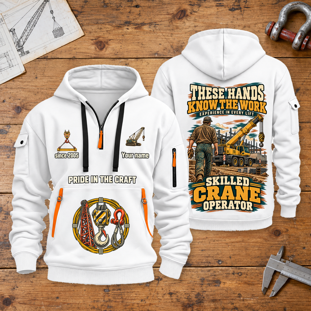 Crane Operator Hands That Power Quarter-Zip Hoodie in White, full front and back views on a crane operator workbench.