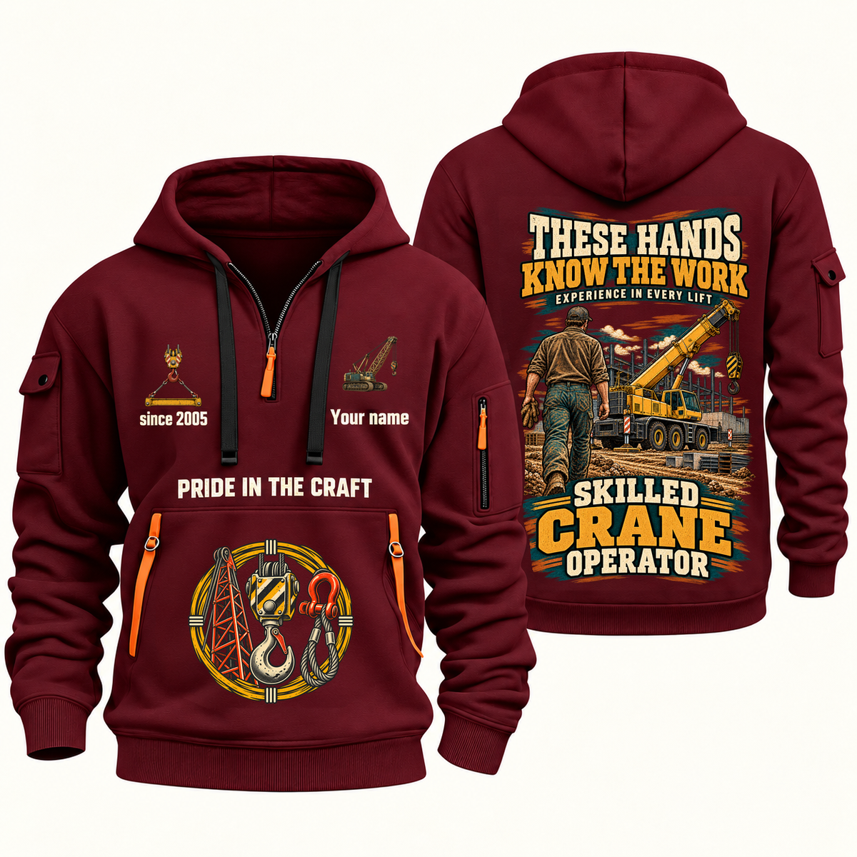 Crane Operator Hands That Power Quarter-Zip Hoodie in Wine Red, authentic overlapping front and back views with crane operator artwork and source sample name/year lettering.