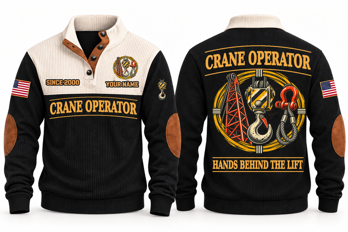 Crane Operator Hands Behind the Lift Sports Sweatshirt in Black, front and back, with crane-hook and rigging artwork, CRANE OPERATOR lettering and HANDS BEHIND THE LIFT on the back; sample name and year on the front.