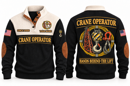 Crane Operator Hands Behind the Lift Sports Sweatshirt in Black, front and back, with crane-hook and rigging artwork, CRANE OPERATOR lettering and HANDS BEHIND THE LIFT on the back; sample name and year on the front.
