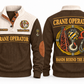 Crane Operator Hands Behind the Lift Sports Sweatshirt in Brown, front and back, with crane-hook and rigging artwork, CRANE OPERATOR lettering and HANDS BEHIND THE LIFT on the back; sample name and year on the front.
