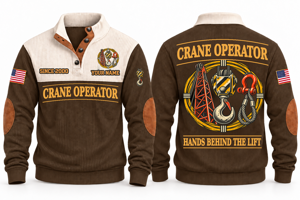 Crane Operator Hands Behind the Lift Sports Sweatshirt in Brown, front and back, with crane-hook and rigging artwork, CRANE OPERATOR lettering and HANDS BEHIND THE LIFT on the back; sample name and year on the front.