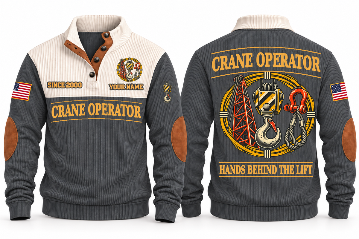 Crane Operator Hands Behind the Lift Sports Sweatshirt in Grey, front and back, with crane-hook and rigging artwork, CRANE OPERATOR lettering and HANDS BEHIND THE LIFT on the back; sample name and year on the front.