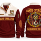 Crane Operator Hands Behind the Lift Sports Sweatshirt in Jujube Red, front and back, with crane-hook and rigging artwork, CRANE OPERATOR lettering and HANDS BEHIND THE LIFT on the back; sample name and year on the front.