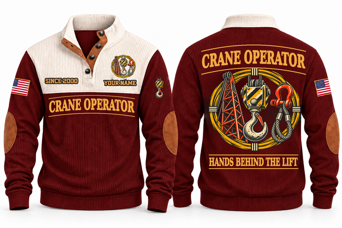 Crane Operator Hands Behind the Lift Sports Sweatshirt in Jujube Red, front and back, with crane-hook and rigging artwork, CRANE OPERATOR lettering and HANDS BEHIND THE LIFT on the back; sample name and year on the front.