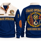 Crane Operator Hands Behind the Lift Sports Sweatshirt in Navy, front and back, with crane-hook and rigging artwork, CRANE OPERATOR lettering and HANDS BEHIND THE LIFT on the back; sample name and year on the front.