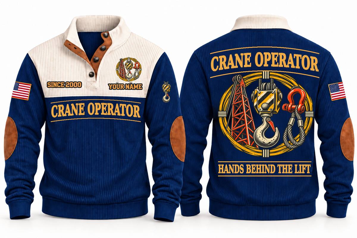 Crane Operator Hands Behind the Lift Sports Sweatshirt in Navy, front and back, with crane-hook and rigging artwork, CRANE OPERATOR lettering and HANDS BEHIND THE LIFT on the back; sample name and year on the front.