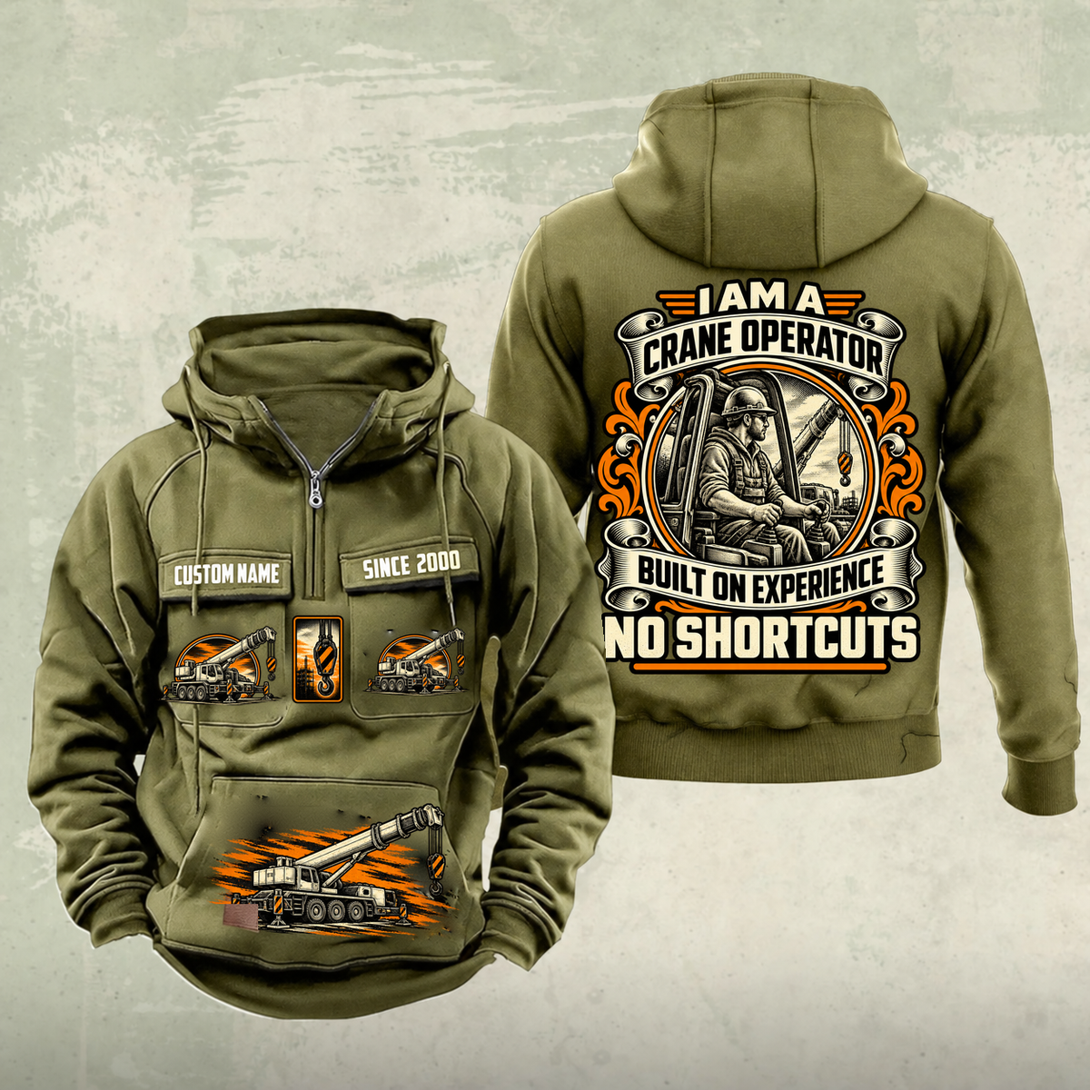 Crane Operator Heritage Crest Vintage Hoodie in Military Green, source-faithful front and back views with an ornate trade portrait crest, matching chest and pouch badges, and illustrative CUSTOM NAME and SINCE 2000 samples.