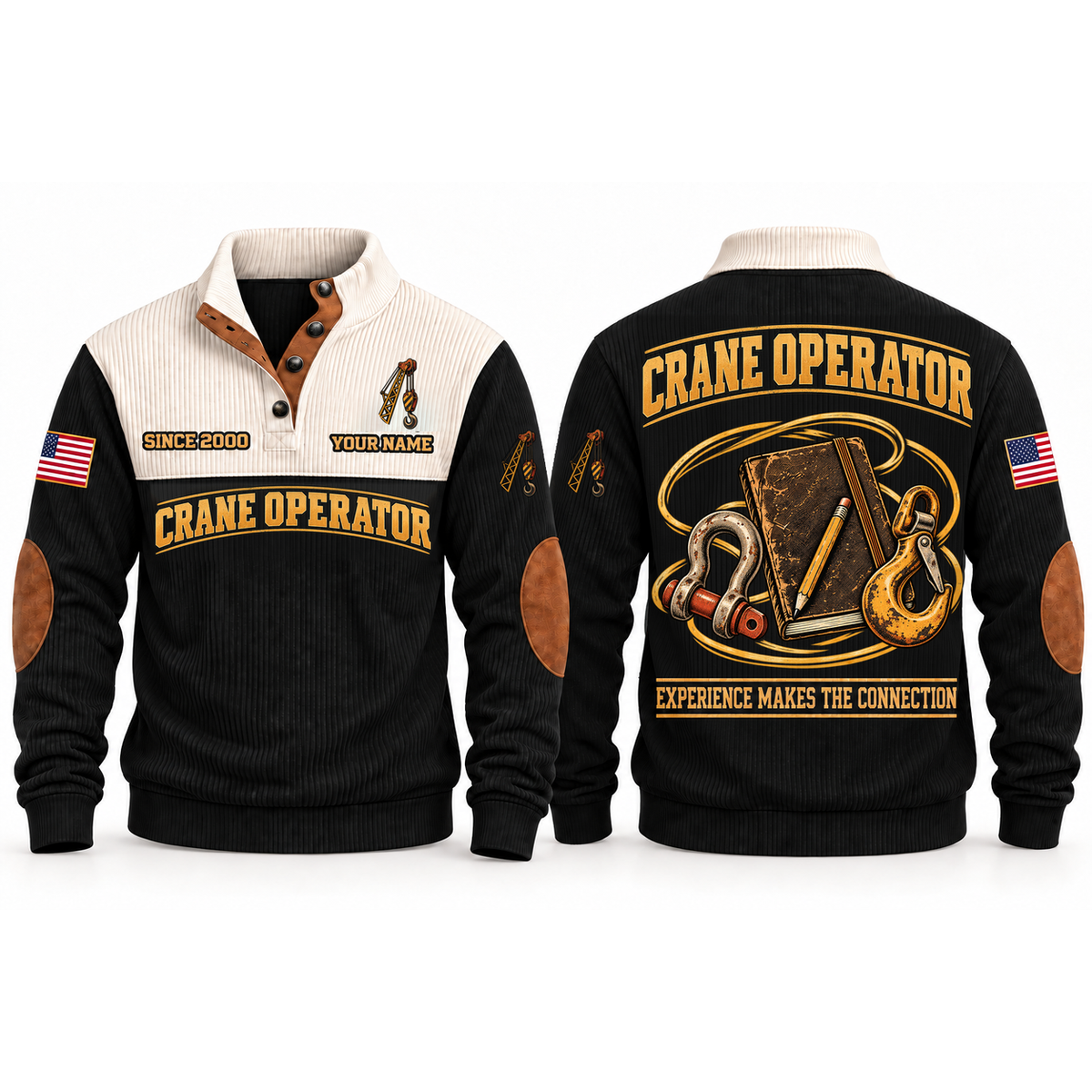 Crane Operator Rigging Knowledge Sports Sweatshirt in Black, front and back garment views with rigging notebook, pencil, bow shackle and lifting hook, EXPERIENCE MAKES THE CONNECTION lettering and source sample YOUR NAME and SINCE 2000 text.