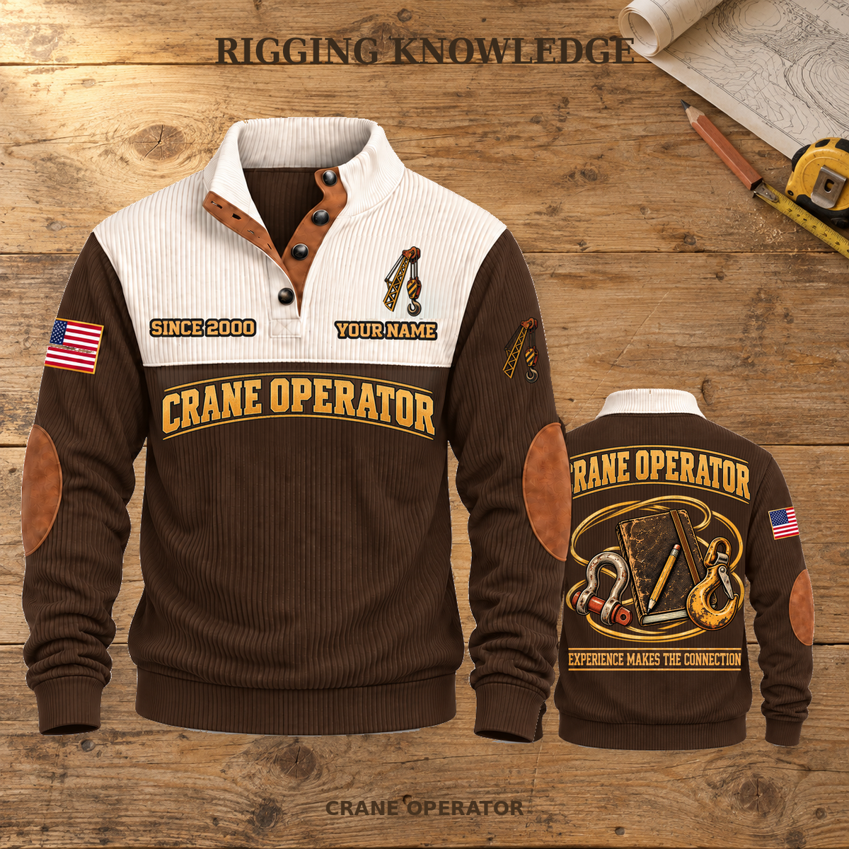 Crane Operator Rigging Knowledge Sports Sweatshirt in Brown, source-faithful front and back views on a warm wooden workbench, with RIGGING KNOWLEDGE headline.