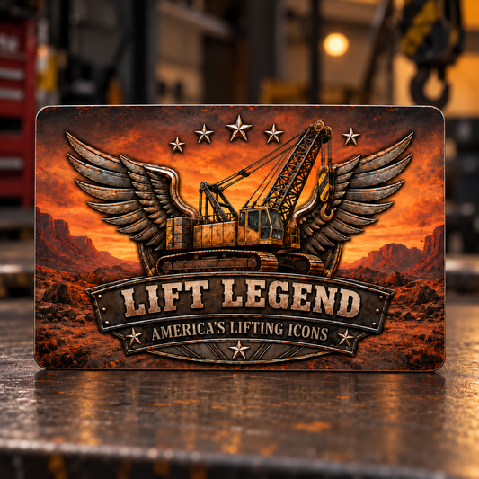 Lift Legend aluminum wallet card standing upright on a dark workbench, with a bronze-toned winged crawler crane, complete lattice boom and hanging hook, five stars, and America’s Lifting Icons banner.