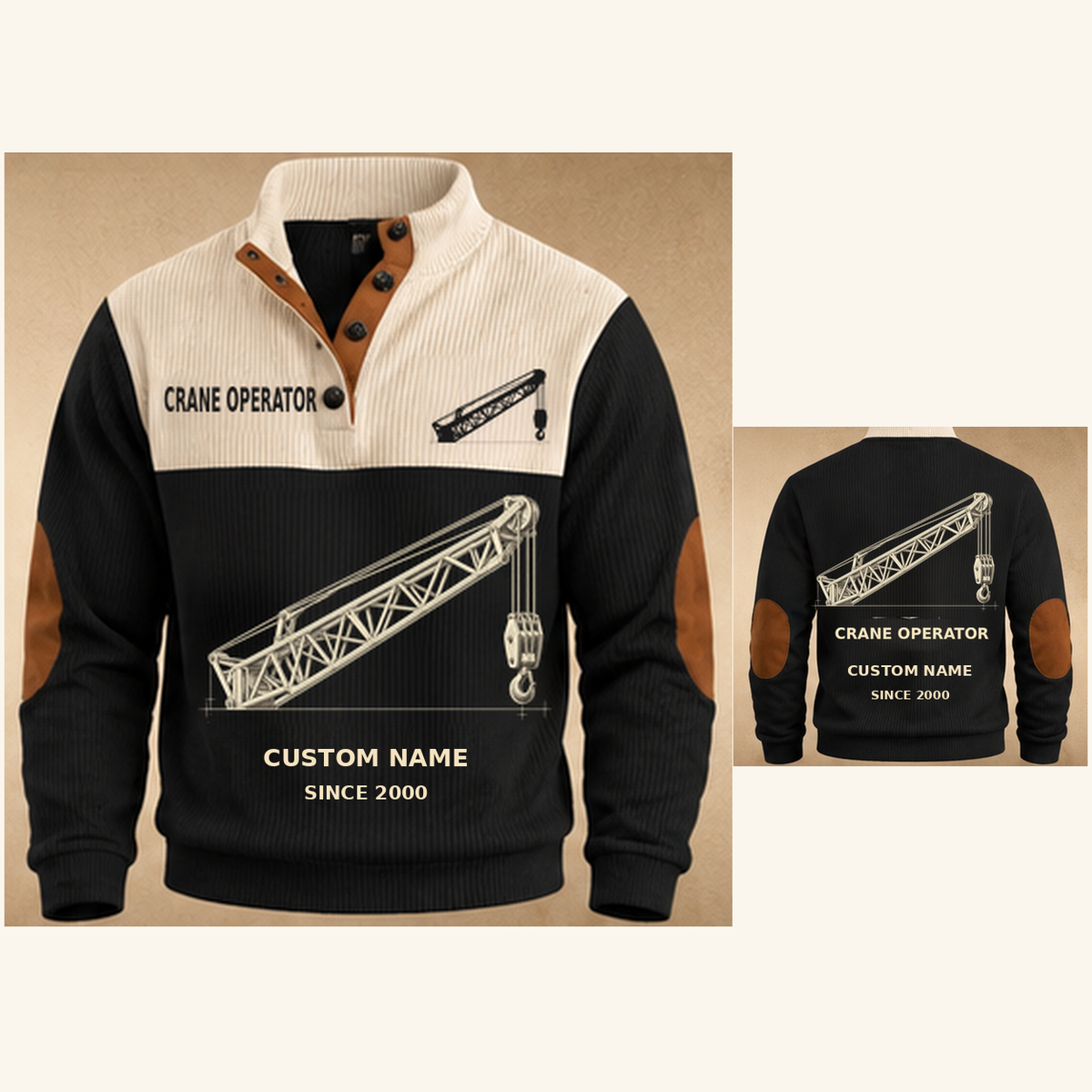 Crane Operator Lift Planner Sports Sweatshirt in Black, original garment front and back views with cream technical lattice crane boom and suspended hook artwork, occupation lettering, cream front yoke and plain tan elbow patches.; visible custom-name and SINCE 2000 sample text on the garment.