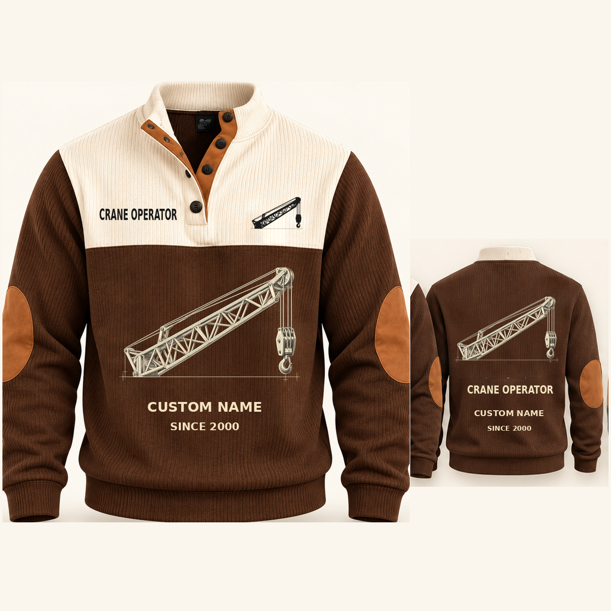 Crane Operator Lift Planner Sports Sweatshirt in Brown, original garment front and back views with cream technical lattice crane boom and suspended hook artwork, occupation lettering, cream front yoke and plain tan elbow patches.; visible custom-name and SINCE 2000 sample text on the garment.