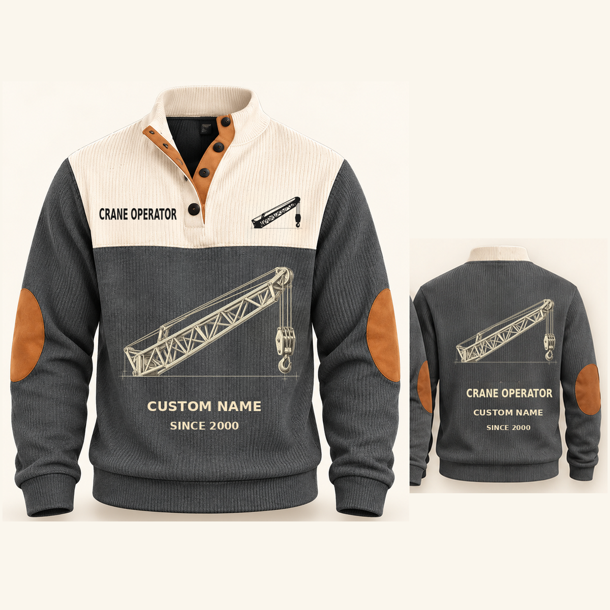 Crane Operator Lift Planner Sports Sweatshirt in Grey, original garment front and back views with cream technical lattice crane boom and suspended hook artwork, occupation lettering, cream front yoke and plain tan elbow patches.; visible custom-name and SINCE 2000 sample text on the garment.