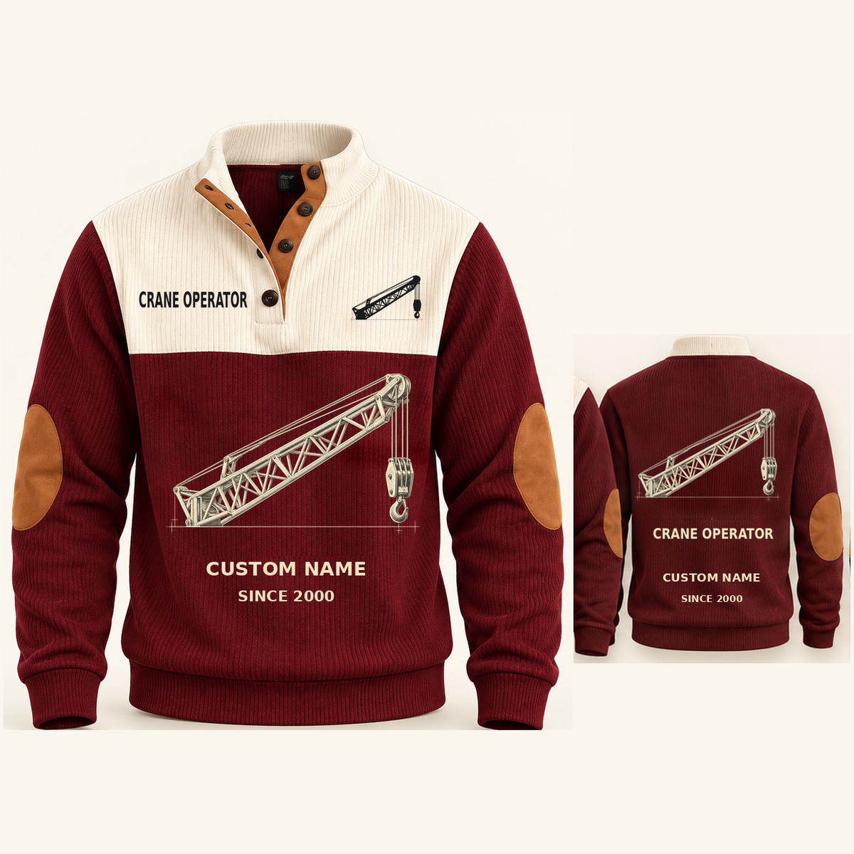 Crane Operator Lift Planner Sports Sweatshirt in Jujube Red, original garment front and back views with cream technical lattice crane boom and suspended hook artwork, occupation lettering, cream front yoke and plain tan elbow patches.; visible custom-name and SINCE 2000 sample text on the garment.