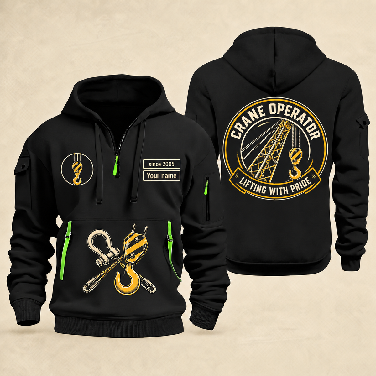 Crane Operator Lifting with Pride quarter-zip hoodie in Black, front and back views with crane boom, hook and rigging artwork; Your name and since 2005 are sample labels.