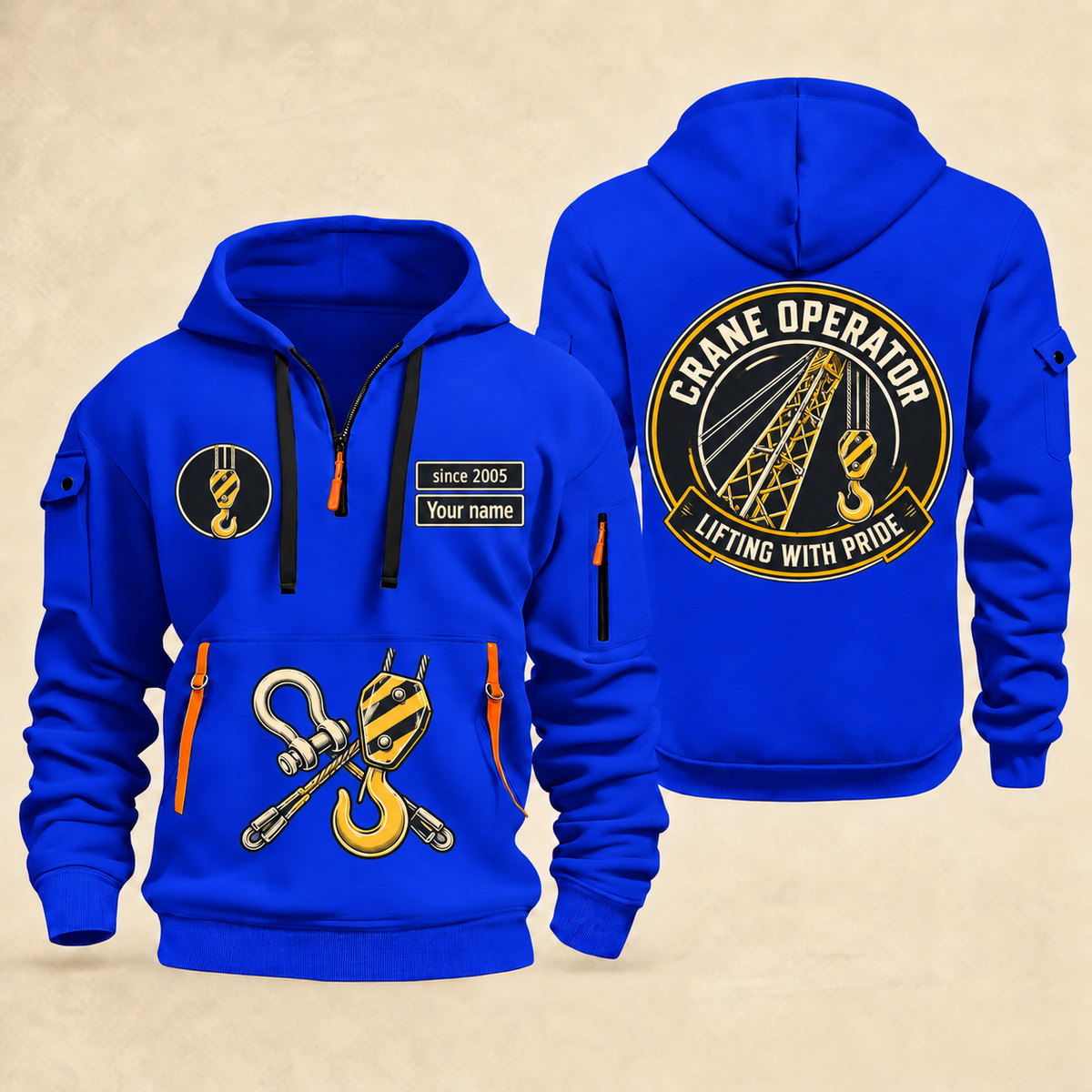 Crane Operator Lifting with Pride quarter-zip hoodie in Blue, front and back views with crane boom, hook and rigging artwork; Your name and since 2005 are sample labels.