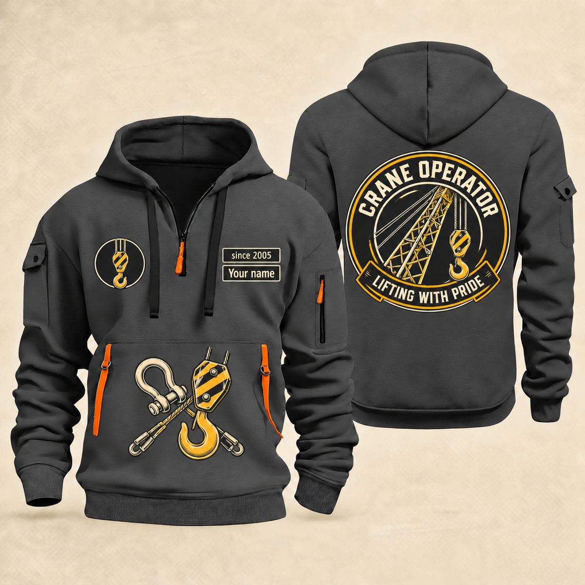Crane Operator Lifting with Pride quarter-zip hoodie in Gray, front and back views with crane boom, hook and rigging artwork; Your name and since 2005 are sample labels.