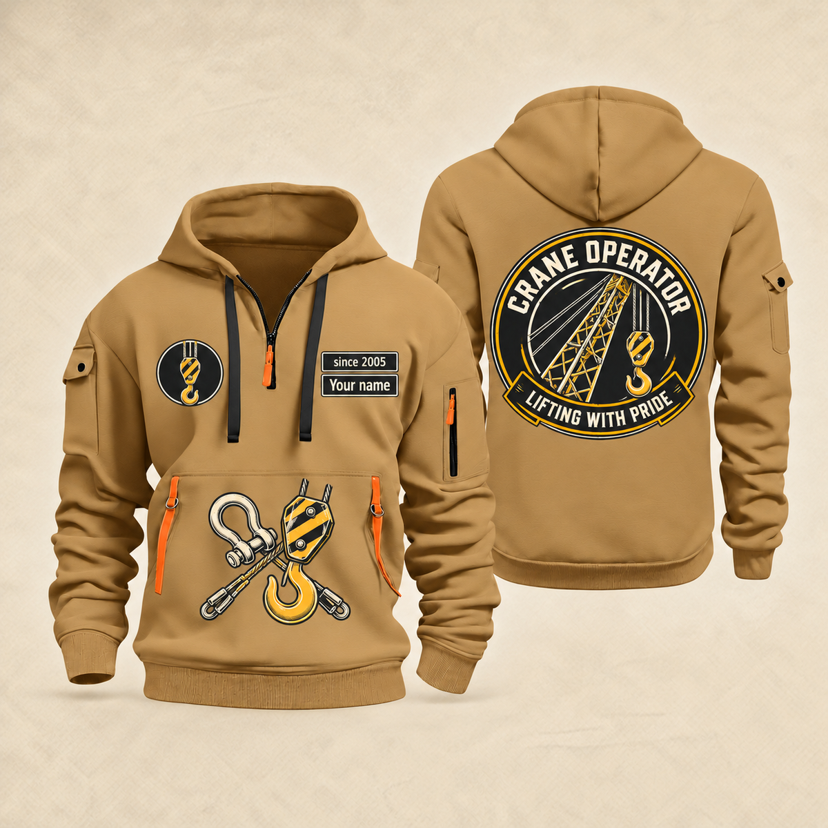 Crane Operator Lifting with Pride quarter-zip hoodie in Khaki, front and back views with crane boom, hook and rigging artwork on a beige background; name and year are illustrative samples.