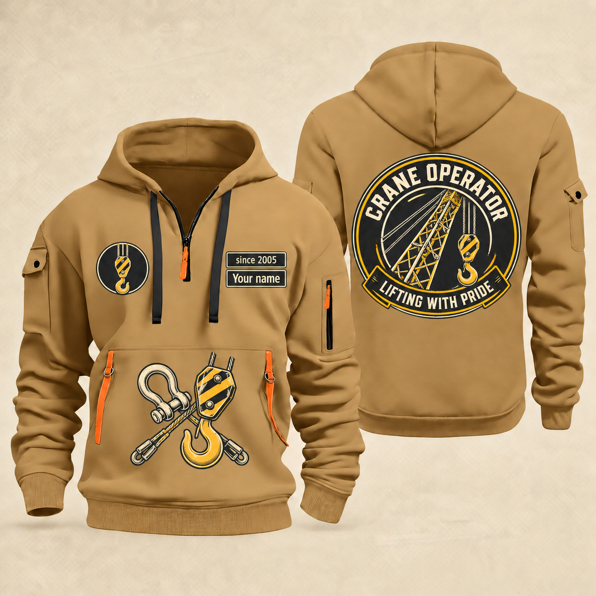 Crane Operator Lifting with Pride quarter-zip hoodie in Khaki, front and back views with crane boom, hook and rigging artwork; Your name and since 2005 are sample labels.