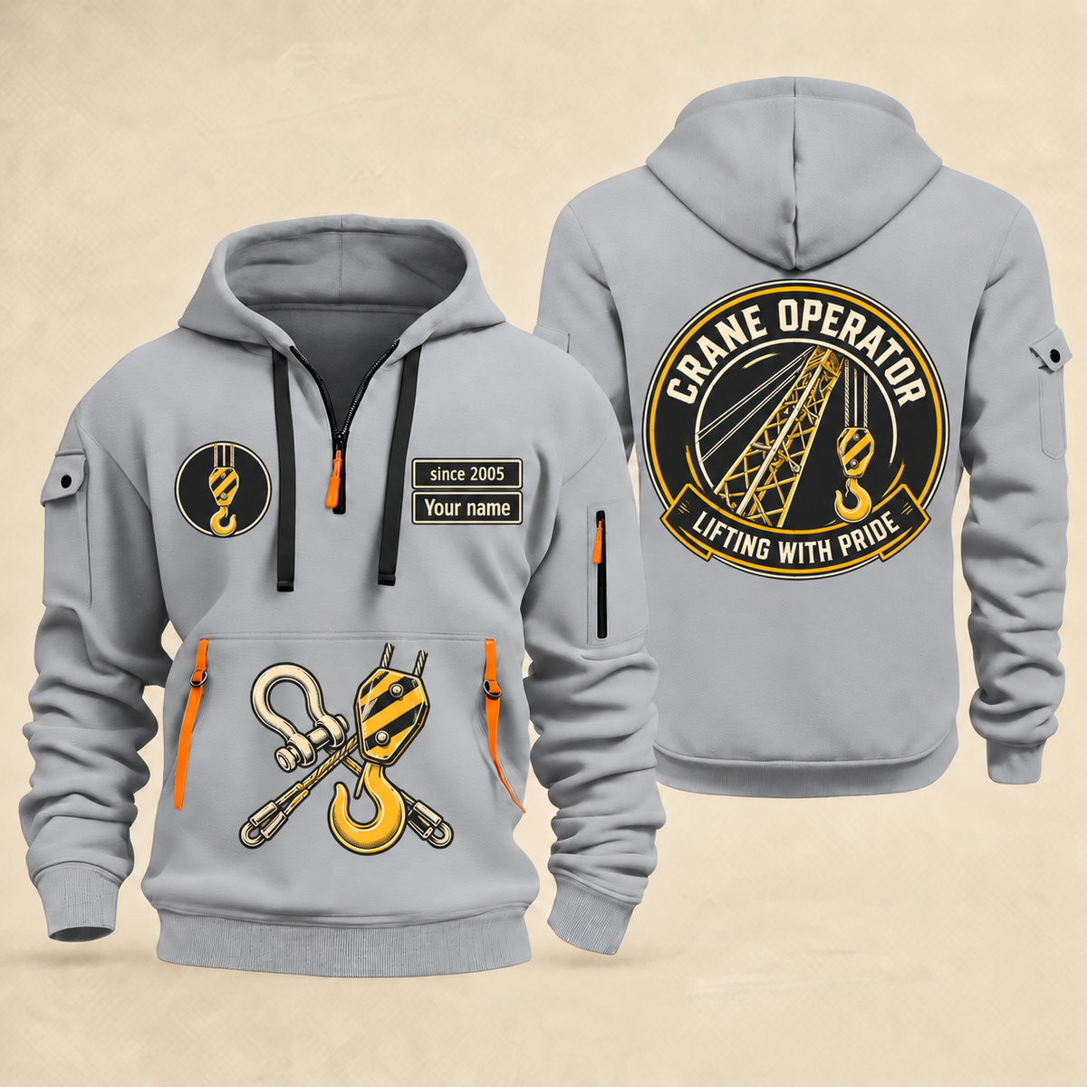 Crane Operator Lifting with Pride quarter-zip hoodie in Light Grey, front and back views with crane boom, hook and rigging artwork; Your name and since 2005 are sample labels.