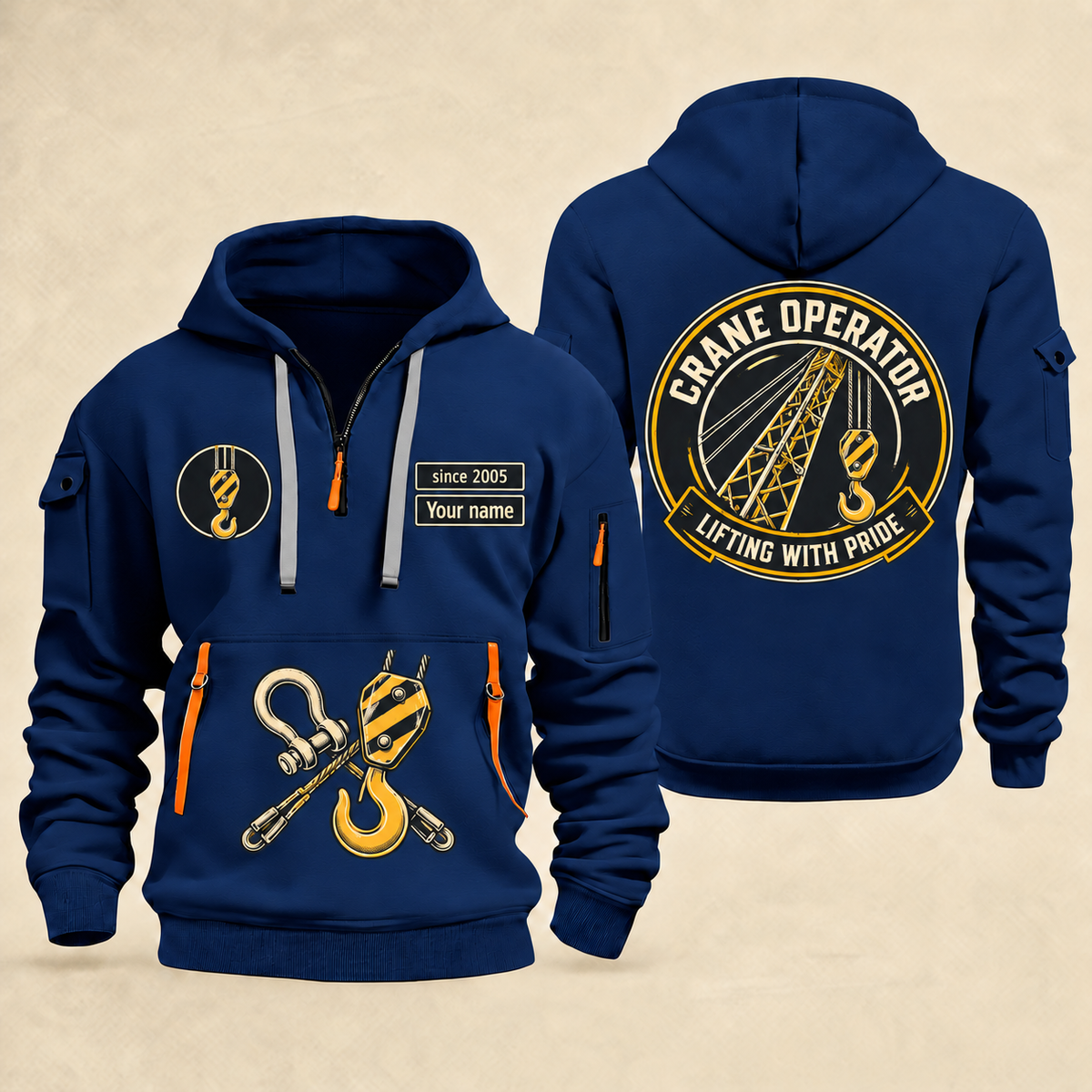 Crane Operator Lifting with Pride quarter-zip hoodie in Navy, front and back views with crane boom, hook and rigging artwork; Your name and since 2005 are sample labels.