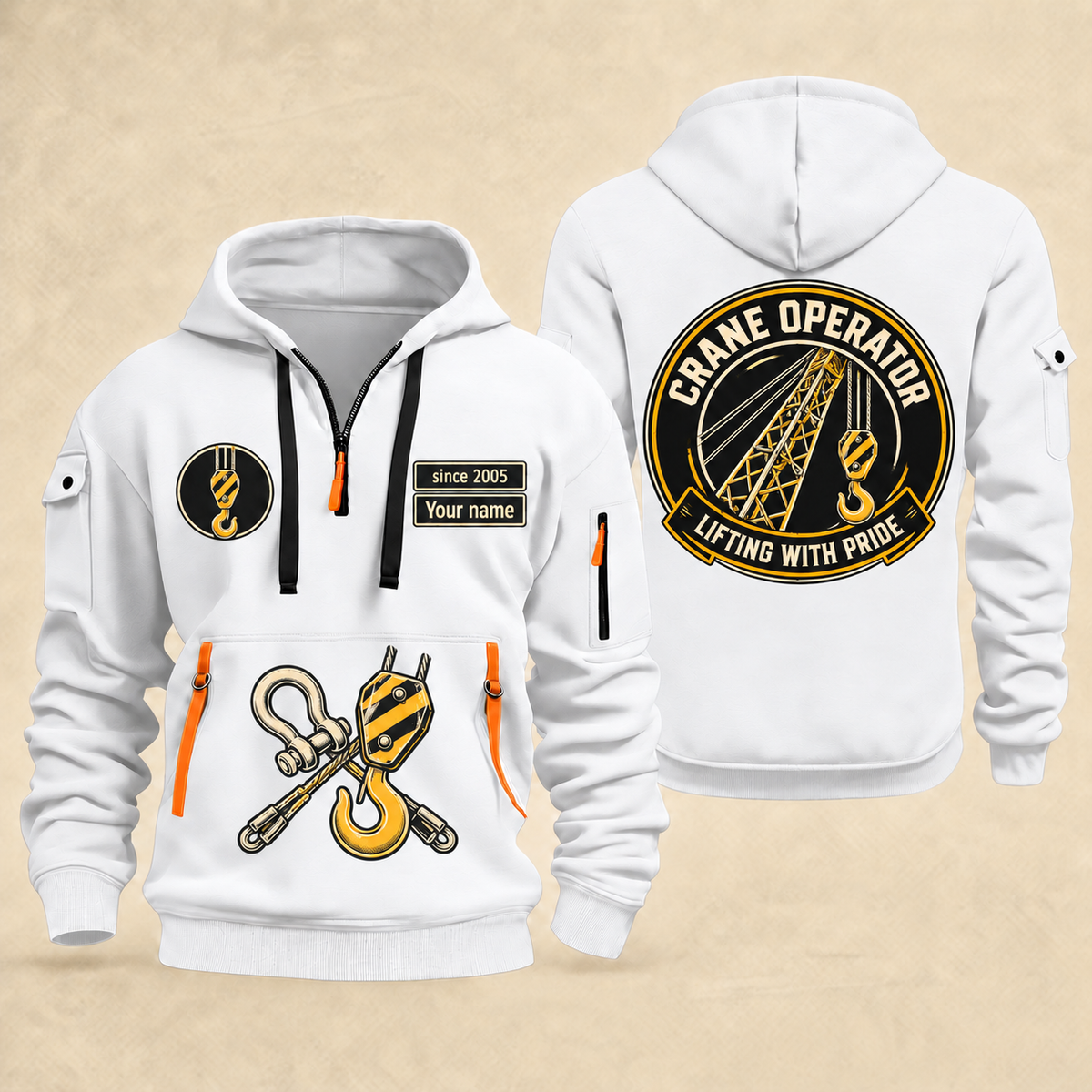 Crane Operator Lifting with Pride quarter-zip hoodie in White, front and back views with crane boom, hook and rigging artwork; Your name and since 2005 are sample labels.