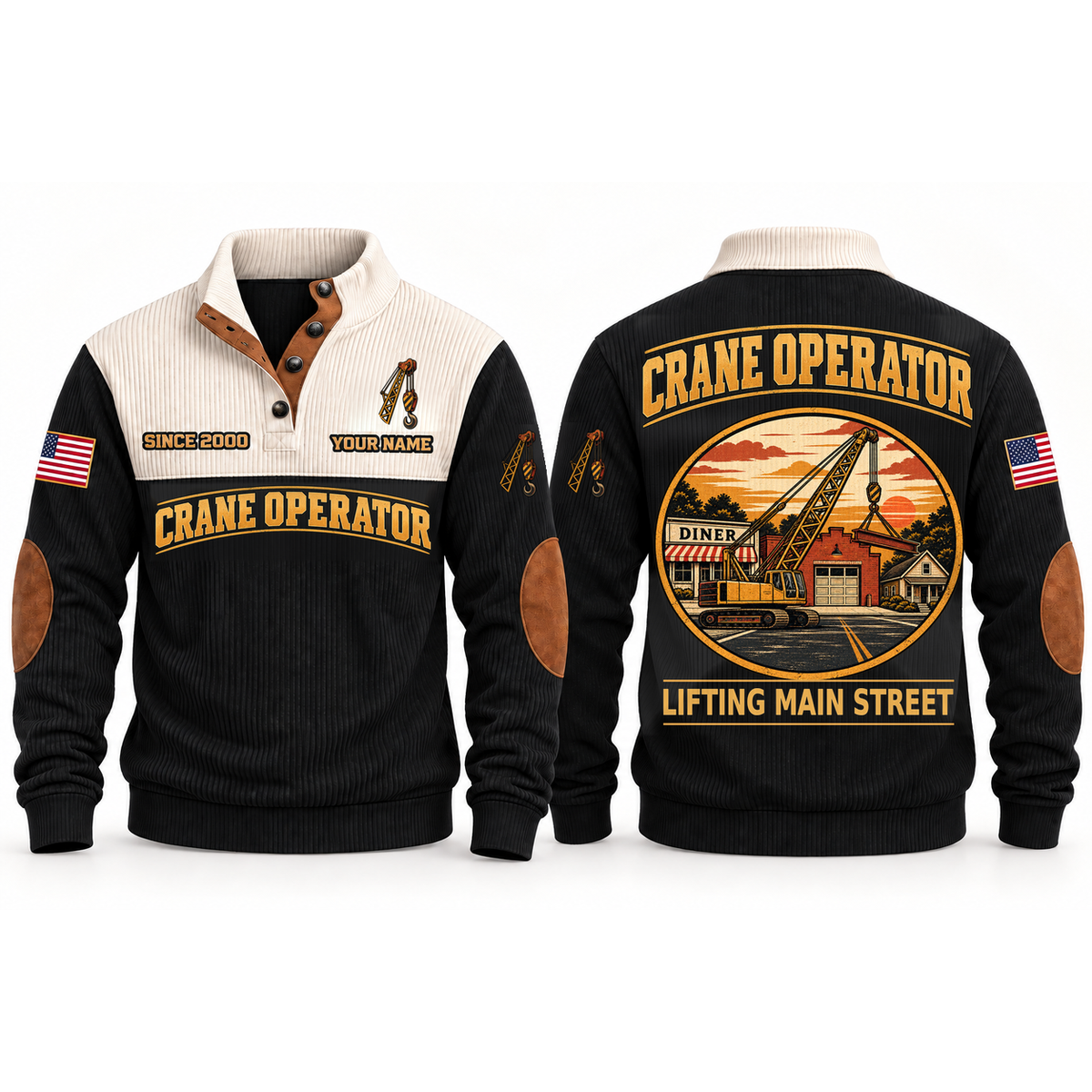 Crane Operator Main Street Lift Sports Sweatshirt in Black, front and back garment views with crane boom, lifting hook and suspended steel beam, nostalgic Main Street town illustration, LIFTING MAIN STREET lettering and source sample YOUR NAME and SINCE 2000 text.