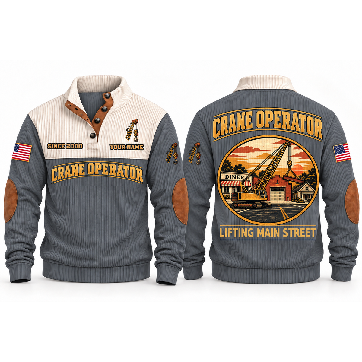 Crane Operator Main Street Lift Sports Sweatshirt in Grey, front and back garment views with crane boom, lifting hook and suspended steel beam, nostalgic Main Street town illustration, LIFTING MAIN STREET lettering and source sample YOUR NAME and SINCE 2000 text.