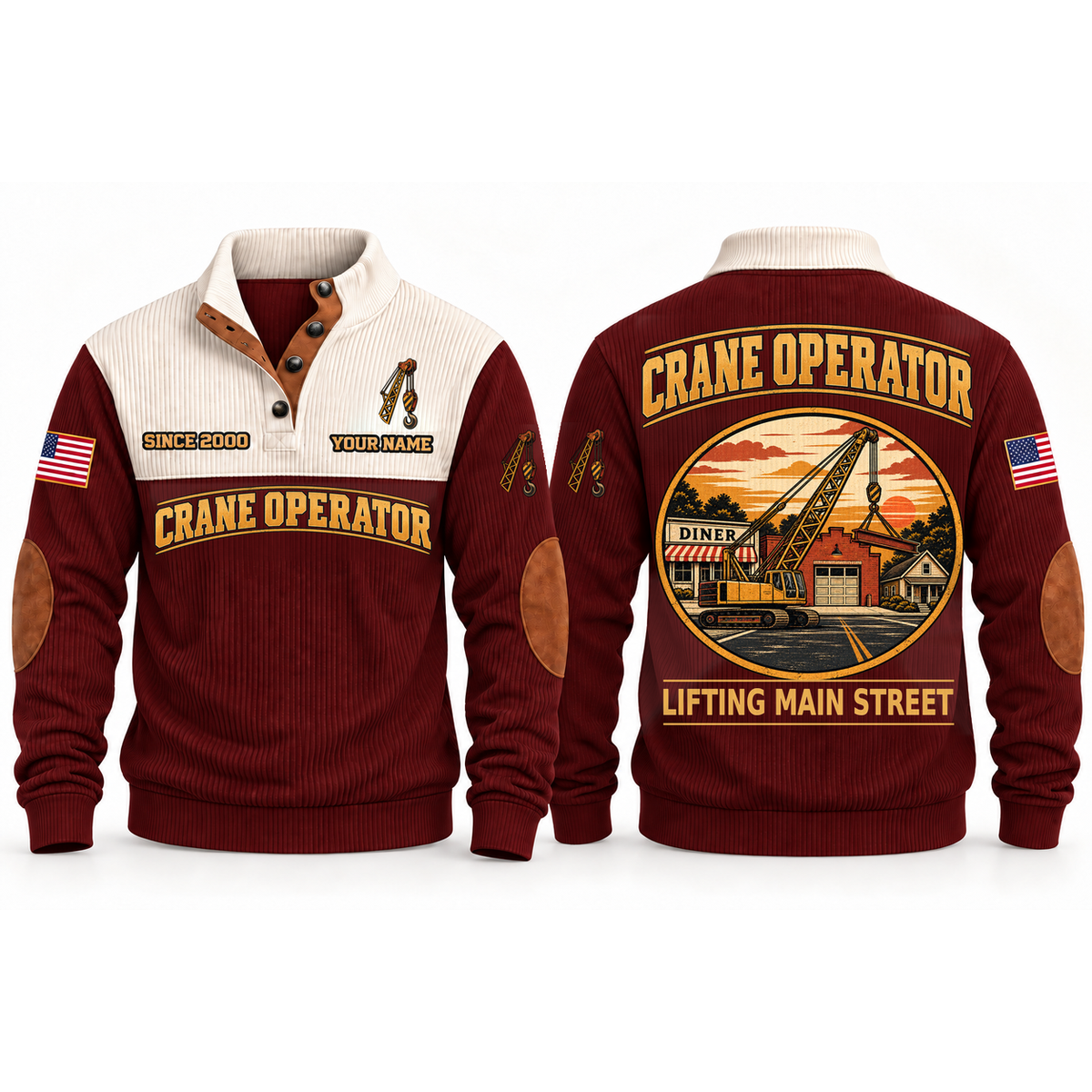 Crane Operator Main Street Lift Sports Sweatshirt in Jujube Red, front and back garment views with crane boom, lifting hook and suspended steel beam, nostalgic Main Street town illustration, LIFTING MAIN STREET lettering and source sample YOUR NAME and SINCE 2000 text.