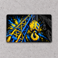 Graphic-only reverse of the Crane Operator Midnight Pride aluminum wallet card on light-gray concrete, featuring oversized cobalt-blue and yellow crane boom and lifting-hook artwork.