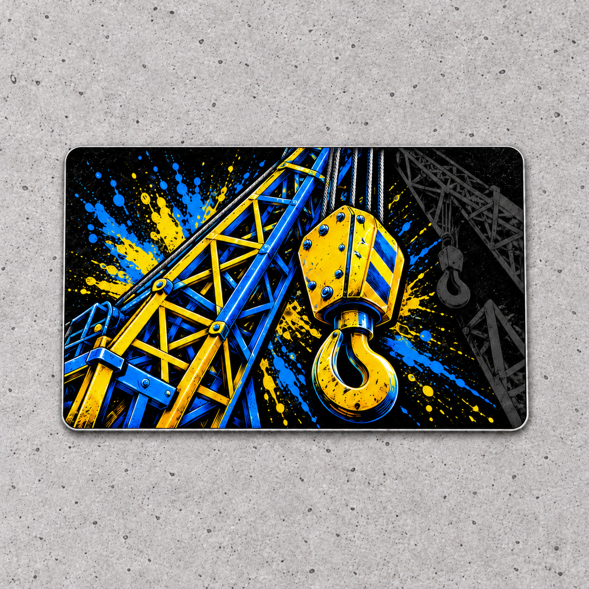 Graphic-only reverse of the Crane Operator Midnight Pride aluminum wallet card on light-gray concrete, featuring oversized cobalt-blue and yellow crane boom and lifting-hook artwork.