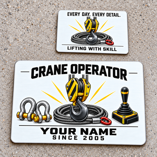 Front and reverse of the Crane Operator Minimal Tool Grid aluminum wallet card on pale concrete, with black lettering, a yellow crane hook block, steel wire rope, rigging shackles and a cab-control joystick; the reverse reads Every Day. Every Detail. and Lifting with Skill.