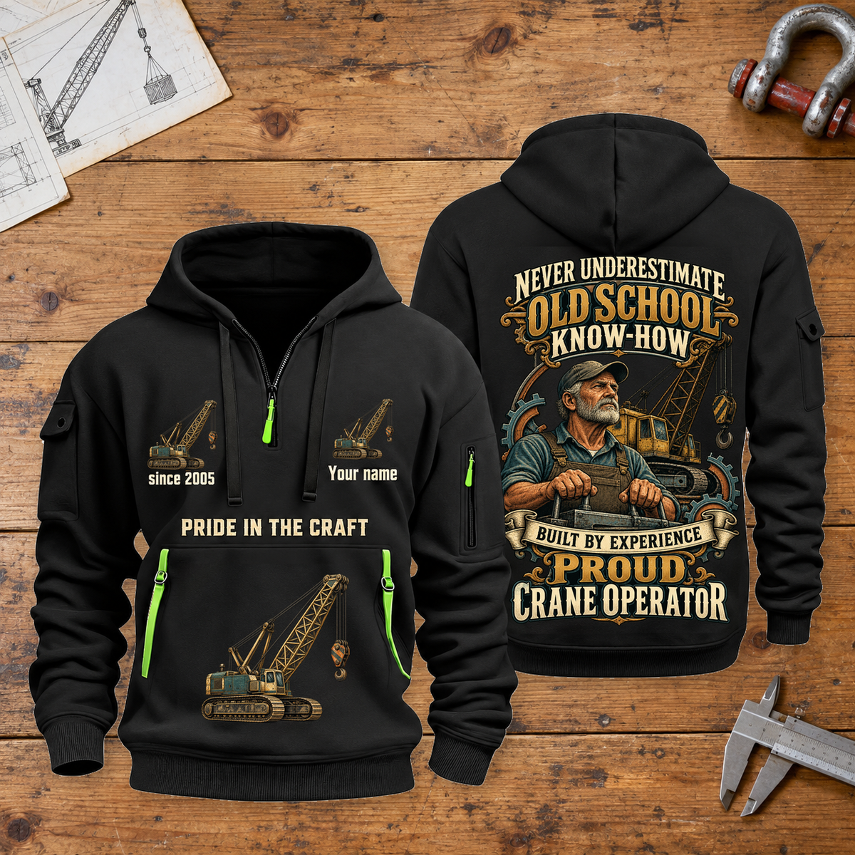 Crane Operator Old School Know-How quarter-zip hoodie in Black, front and back, fixed sample name and year artwork