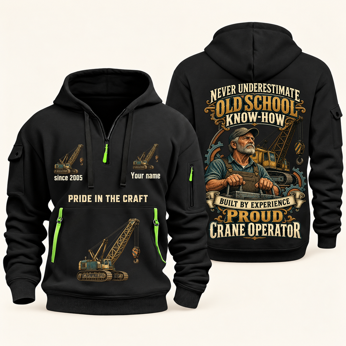 Crane Operator Old School Know-How quarter-zip hoodie in Black, front and back, fixed sample name and year artwork