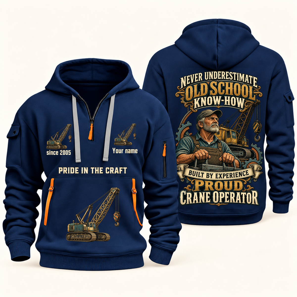 Crane Operator Old School Know-How quarter-zip hoodie in Navy, front and back, fixed sample name and year artwork