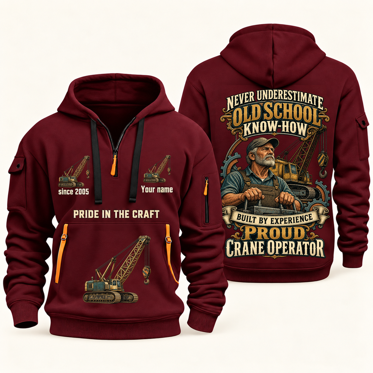 Crane Operator Old School Know-How quarter-zip hoodie in Wine Red, front and back, fixed sample name and year artwork
