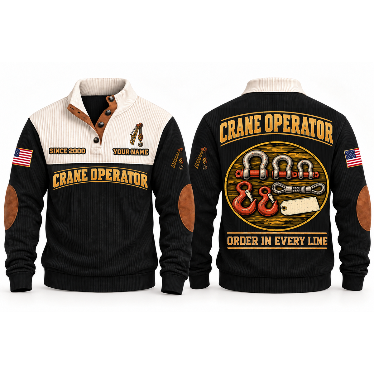Crane Operator Rigging Order Sports Sweatshirt in Black, front and back garment views with aligned shackles, lifting hooks, wire-rope sling and blank inspection tag, orderly top-down trade equipment, ORDER IN EVERY LINE lettering and source sample YOUR NAME and SINCE 2000 text.