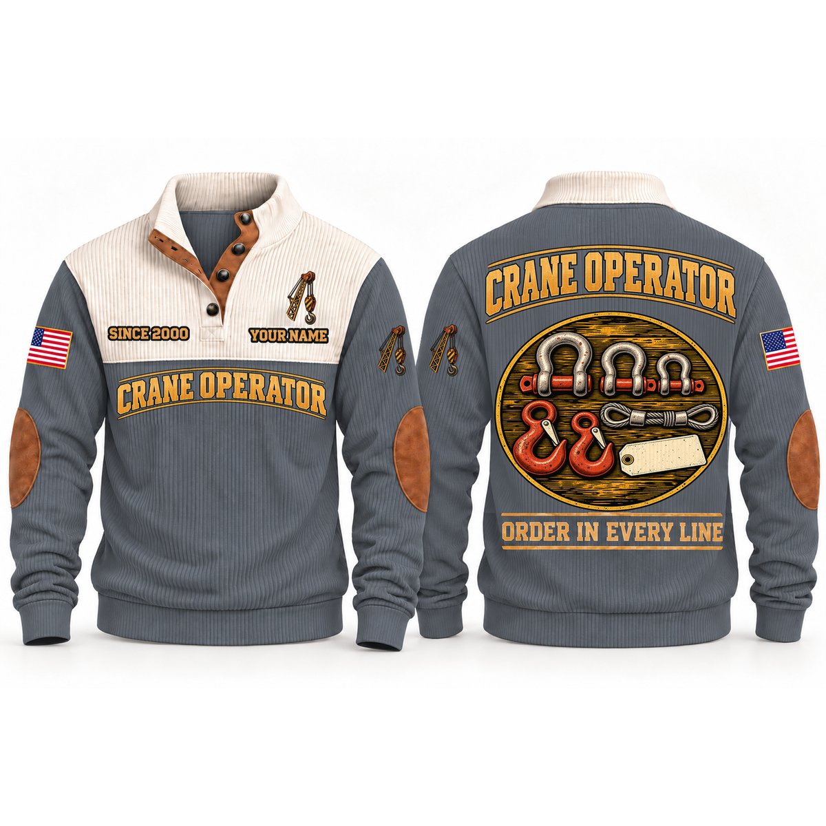 Crane Operator Rigging Order Sports Sweatshirt in Grey, front and back garment views with aligned shackles, lifting hooks, wire-rope sling and blank inspection tag, orderly top-down trade equipment, ORDER IN EVERY LINE lettering and source sample YOUR NAME and SINCE 2000 text.