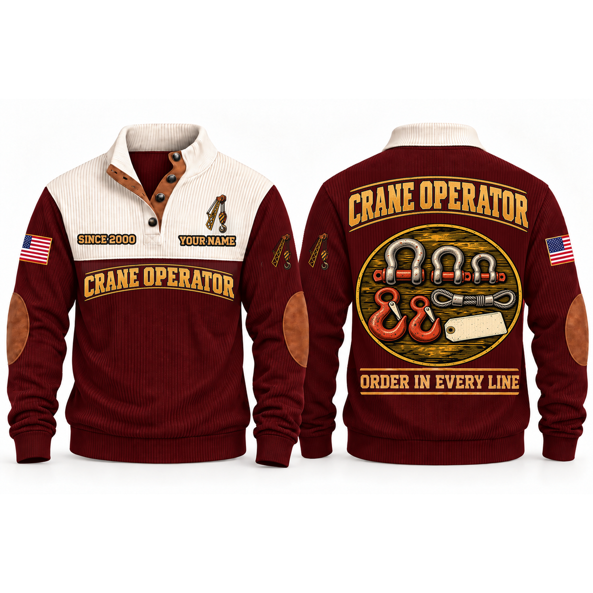 Crane Operator Rigging Order Sports Sweatshirt in Jujube Red, front and back garment views with aligned shackles, lifting hooks, wire-rope sling and blank inspection tag, orderly top-down trade equipment, ORDER IN EVERY LINE lettering and source sample YOUR NAME and SINCE 2000 text.