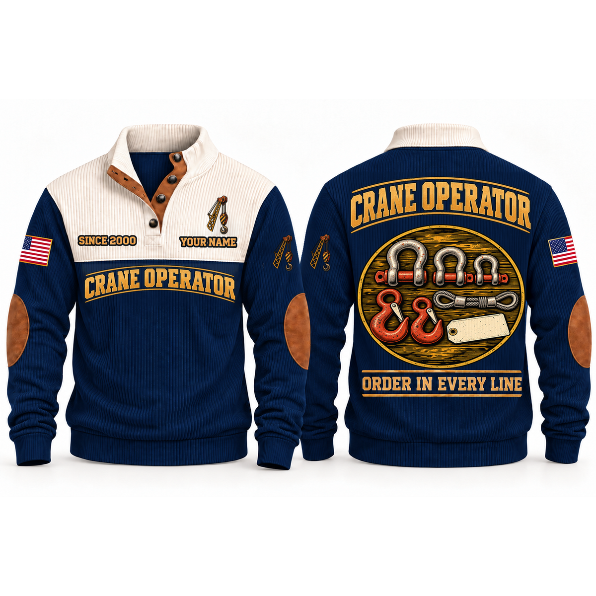 Crane Operator Rigging Order Sports Sweatshirt in Navy, front and back garment views with aligned shackles, lifting hooks, wire-rope sling and blank inspection tag, orderly top-down trade equipment, ORDER IN EVERY LINE lettering and source sample YOUR NAME and SINCE 2000 text.