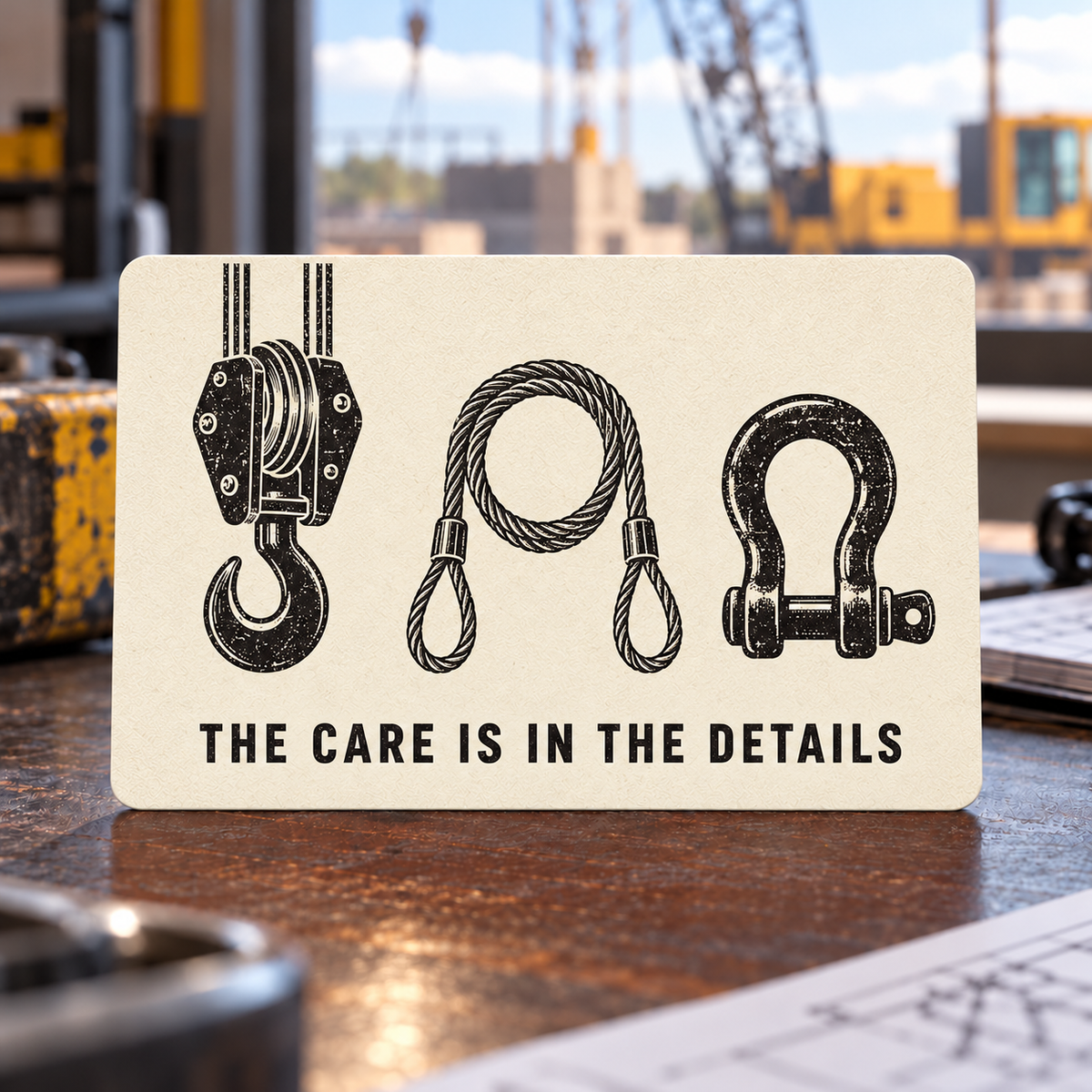Ivory reverse of the Crane Operator Patient Hands aluminum wallet card, with black crane hook block, wire-rope sling and shackle illustrations above The Care Is in the Details.